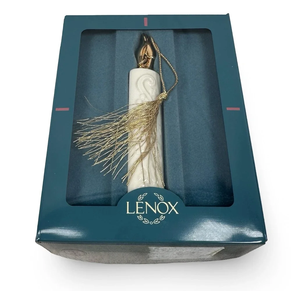 Lenox Ivory China Candle Christmas Ornament Gold Trim Tassel Embossed Scroll Box